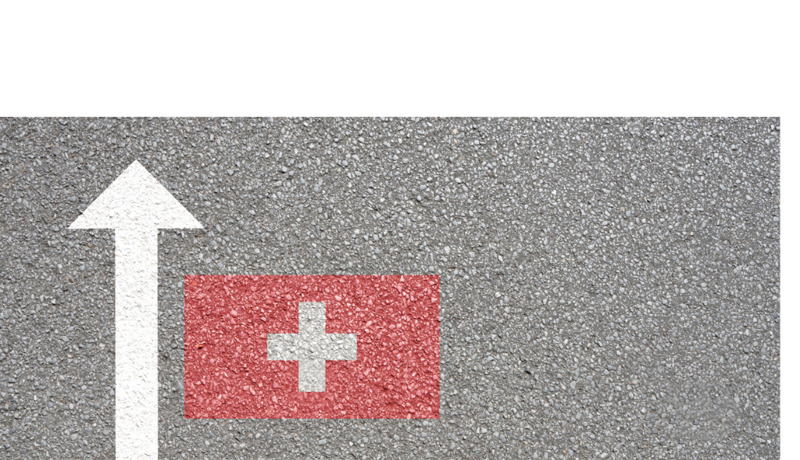 Schweizerflagge Auf Strasse Mit Pfeil Id957352908